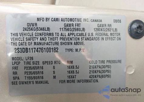 2007 Suzuki Xl7 z USA, uszkodzony, nr VIN 2S3DB117476100182